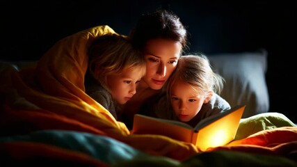 A Heartwarming Scene of a Mother Reading a Bedtime Story to Her Children Under a Cozy Blanket, Creating Cherished Memories in a Warm and Inviting Atmosphere - Powered by Adobe