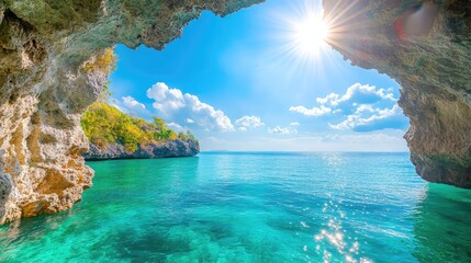 Natural stone arch over vibrant turquoise sea, island cave with bright sky, ideal for tropical travel and adventure themes