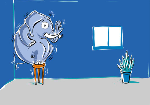 The classic metaphor of an elephant in the room in a cartoon comical style illustration.