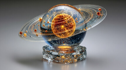A luminous crystal sphere encapsulating the entire solar system—planets, stars, and orbits suspended in refracted light, symbolizing cosmic harmony and fragility.
