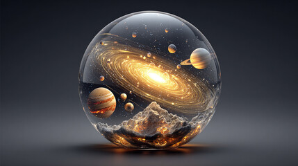 A luminous crystal sphere encapsulating the entire solar system—planets, stars, and orbits suspended in refracted light, symbolizing cosmic harmony and fragility.
