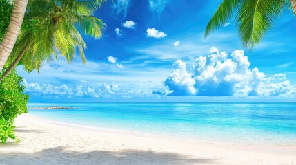 Relaxing beach view with palm trees and endless sky, a perfect moment of summer serenity by the sea