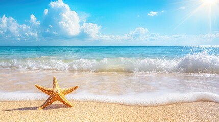 Scenic beach photo with starfish and surf on a bright day, symbolizing perfect summer rest and relaxation