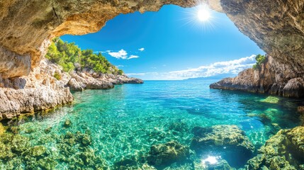 Scenic coastal cave with arch formation and crystal-clear water, highlighting untouched island beauty