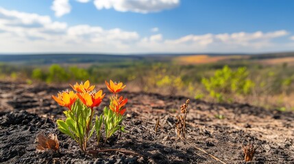 Scorched landscape with new orange plant growth, showing contrast between destruction and the will to regenerate