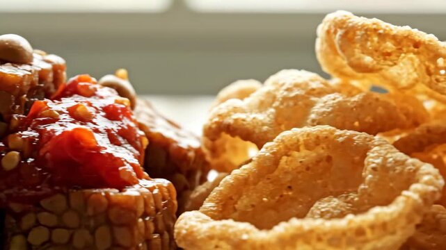 Savory Tempeh Topped with Fiery Sambal Sauce Alongside Crispy Crackers