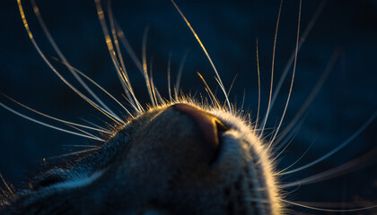 Close up of Cat Whiskers Illuminated by Golden Sunlight Against Dark Background