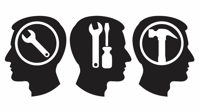 Skilled minds conceptual illustration: A trio of silhouettes showcase tools within heads, representing expertise, problem-solving, and innovative thought processes