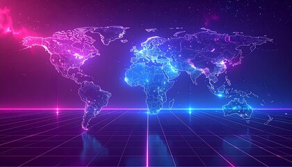 Neon world map with interconnected cities, set on a grid