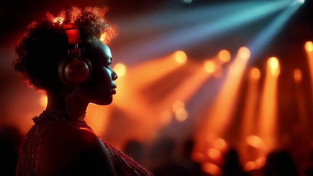 A poised individual immersed in vibrant music ambiance, enjoying the beats with headphones, illuminated by colorful lights that create a captivating nightlife atmosphere.