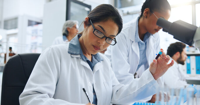 Science, blood sample or woman in clinic with notes, biology or dna investigation for pharmaceutical study. Medical, flare or researcher in lab with writing, analysis or coworking with fluid exam.