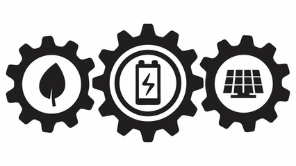 Sustainable technology solutions with leaf, battery, and solar panel icons within gears, representing renewable energy and eco-friendly engineering innovations