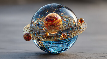 A luminous crystal sphere encapsulating the entire solar system—planets, stars, and orbits suspended in refracted light, symbolizing cosmic harmony and fragility.
