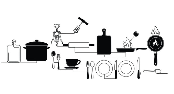 Modern kitchen essentials and cooking tools displayed in a clean layout