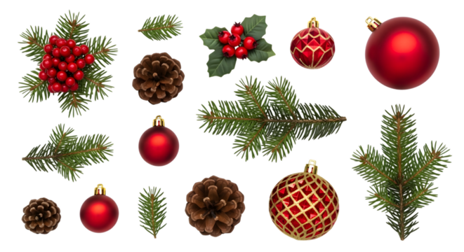 Collection of christmas ornaments, pine cones, and fir branches