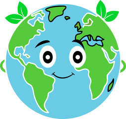 Friendly cartoon earth with leaves and a happy face