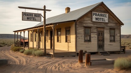 Old west-style Prairie Rest Motel nestled in sandy desert surroundings photo