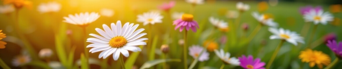Fototapeta premium A vibrant daisy blooms in a sun-drenched meadow, embodying the simple beauty of summer, petals, flora, field