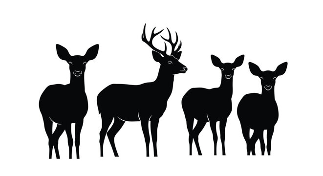 Elegant deer silhouette family group isolated on white background