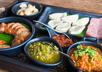 Close-Up of Norther Thai Chili Paste Dishes and Green chili dip