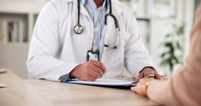 Hands, person and doctor with clipboard in office for assessment, symptoms and medical record. Healthcare worker, checklist and information for patient diagnosis, treatment plan and compliance form