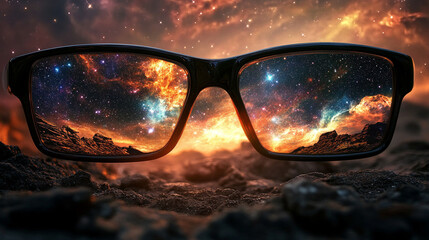 Stylish sunglasses reflecting entire galaxies in their lenses symbolizing imagination cosmic perspective and limitless vision blending fashion with wonder and universal curiosity