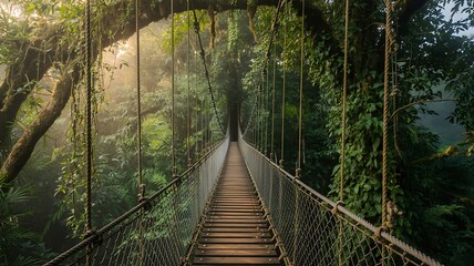 Serene rainforest walk across wooden suspension bridge surrounded by greenery photo