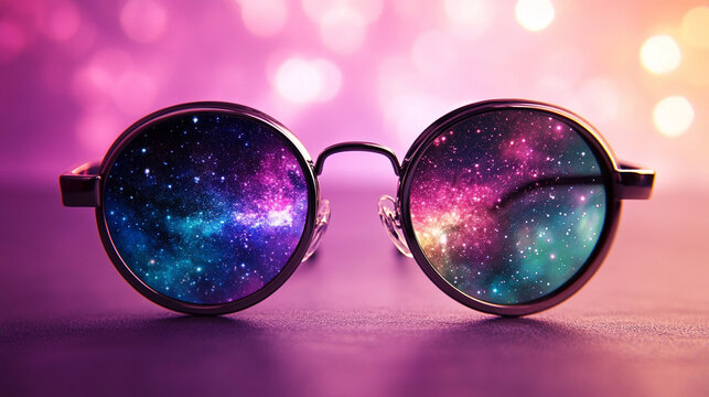 Stylish sunglasses reflecting entire galaxies in their lenses symbolizing imagination cosmic perspective and limitless vision blending fashion with wonder and universal curiosity - Powered by Adobe