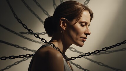 Strong visual of woman with chains representing emotional burden photo