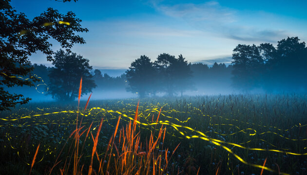 Magical summer night with fireflies illuminating a misty meadow creating enchanting light trails under a deep blue twilight sky