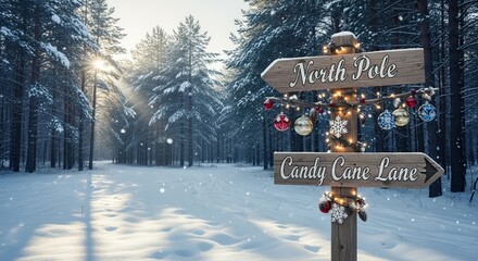 A festive wooden signpost pointing to the North Pole and Candy Cane Lane in a snowy winter forest.