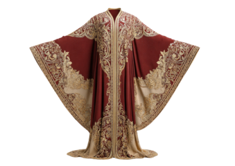 A flowing, embellished burgundy and gold robe with intricate patterns, open sleeves, and a floor-length design