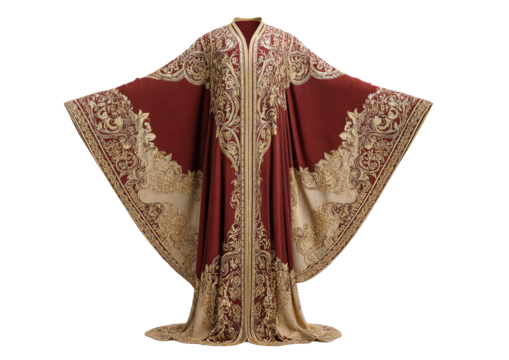 A flowing, embellished burgundy and gold robe with intricate patterns, open sleeves, and a floor-length design