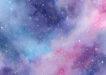 Fantasy watercolor starry sky background with glowing purple and blue tones, glittering stars, and soft pink clouds in dreamy celestial atmosphere.