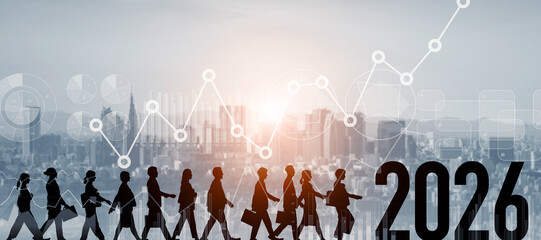 歩く人々とビジネスデータのコンセプト　2026年新年イメージ　ビジネス向け年賀状素材