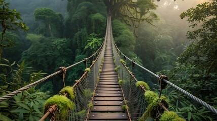 Scenic bridge stretching across vibrant jungle landscape surrounded by towering trees photo