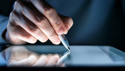 A front-facing close-up of a hand writing on a tablet with a digital pencil