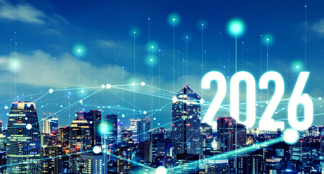 Modern city and communication network. 2026 New Year concept. New year's card 2026.