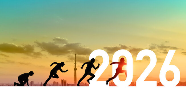 2026年へスタートする人物　ビジネス向け2026年新年イメージ　令和8年年賀状素材