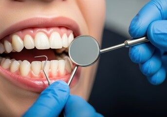 Dentist examining patient s teeth with mirror and probe