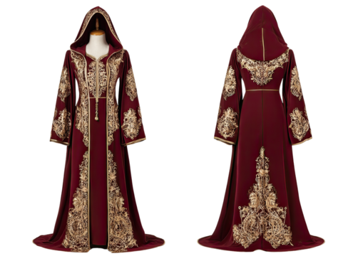 Front and back views of a burgundy hooded robe with gold embroidery