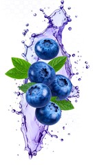 Vibrant blueberries with leaves and purple liquid splash, isolated
