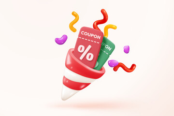 3d confetti spiral icon signs for surprise on new year with tag price notice for discount coupon. Special offer promotion on christmas holiday with notice reminder. 3d icon vector render illustration