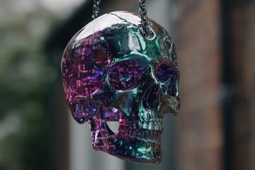 Holographic skull with binary code eyes in alley