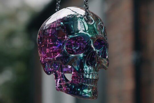 Holographic skull with binary code eyes in alley - Powered by Adobe