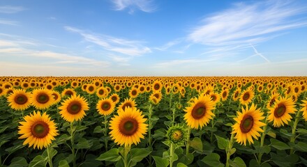 Fototapeta premium Vast field of sunflowers under a bright blue sky