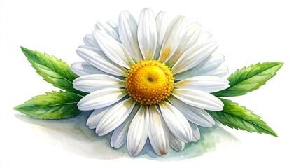 Watercolor depiction of a daisy bloom with bright green leaves