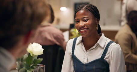Couple, date and smile in restaurant with love for romance, anniversary celebration and care....