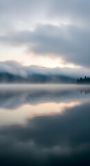 Fototapeta premium Misty lake at dawn with soft sky reflections