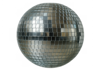 Silver disco ball reflecting light, symbolizing party, dance, music, celebration, and nightlife atmosphere on transparent background